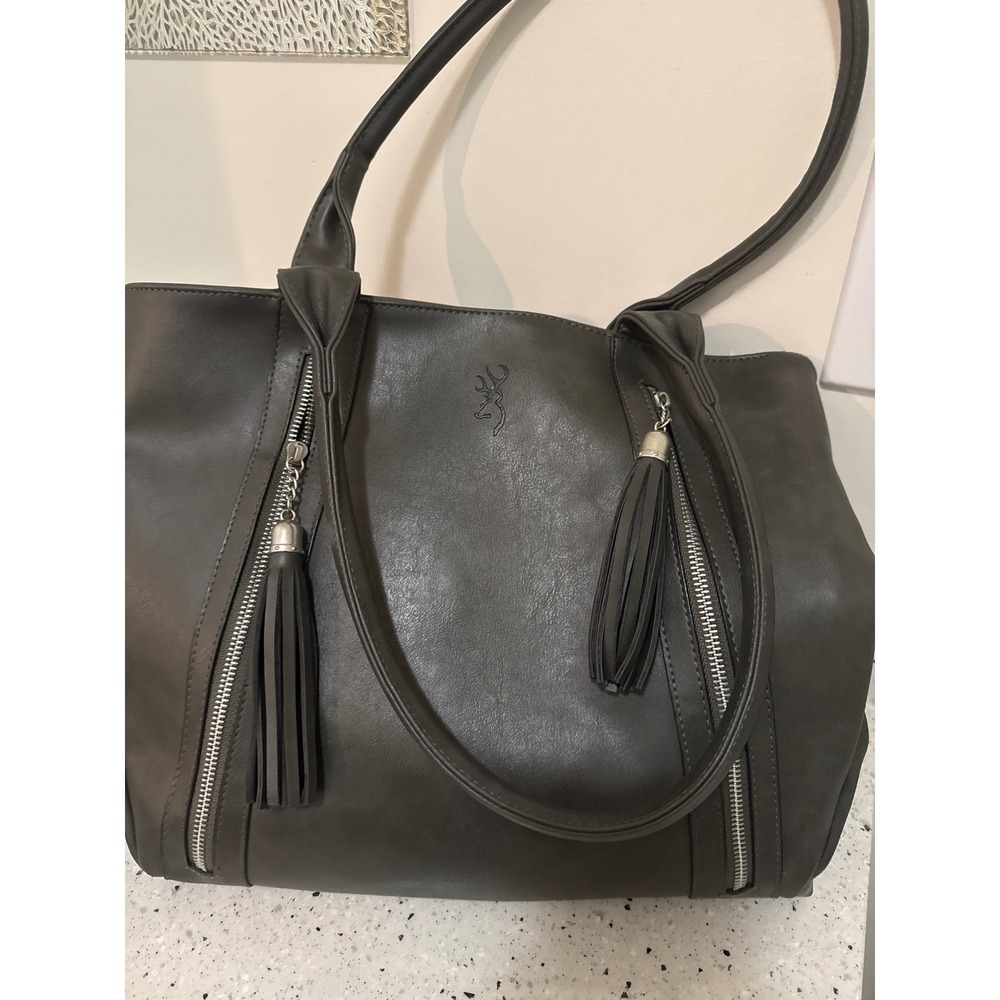 Browning Concealed Carry Tote Bag Gray Faux Leather Buckmark Tassel Handbag